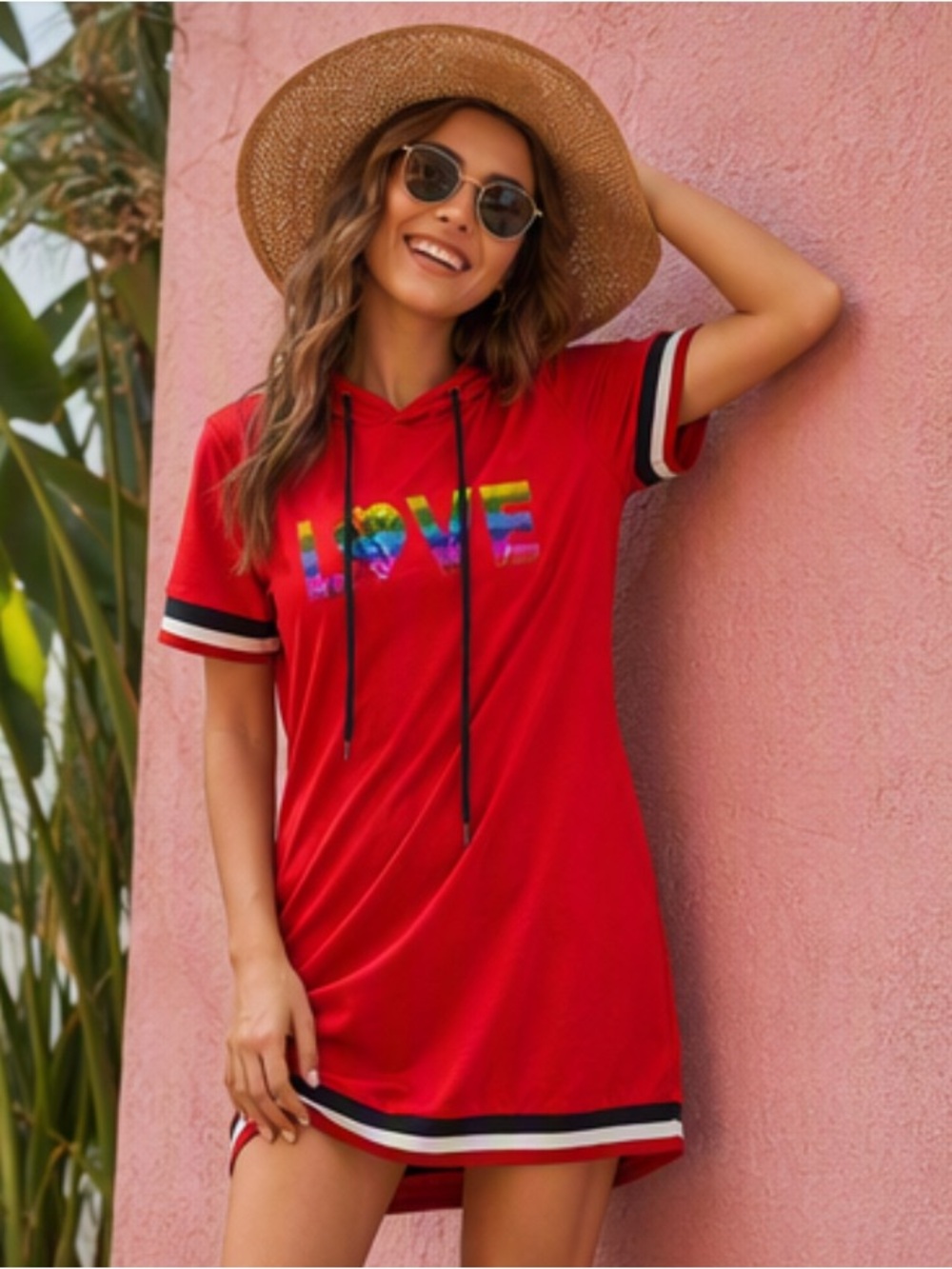 ❤️🌈 Red Rainbow 🌈❤️ Love Pride Hooded Short  Sleeve Dress Sz L